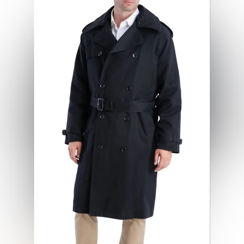 Pristine London Fog Heritage Black Trench Coat 42R Removable Liner Double Breast